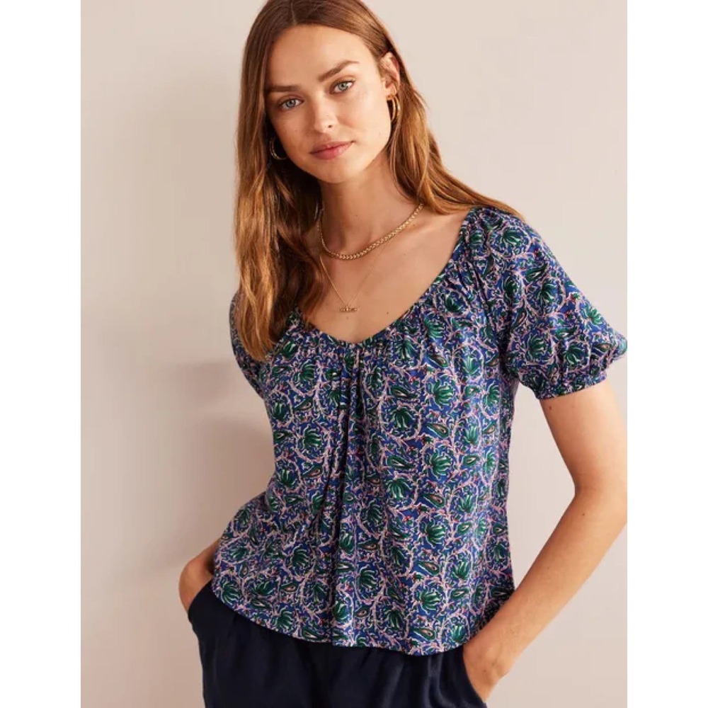 Boden V-Neck Jersey Swing Top in Blue Wave, Botanic Vine Size 2